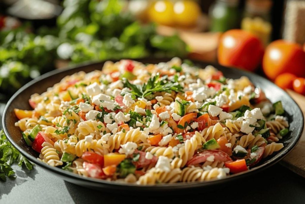 Salade de pâtes fraîche et colorée : recette facile et rapide pour un repas complet et savoureux