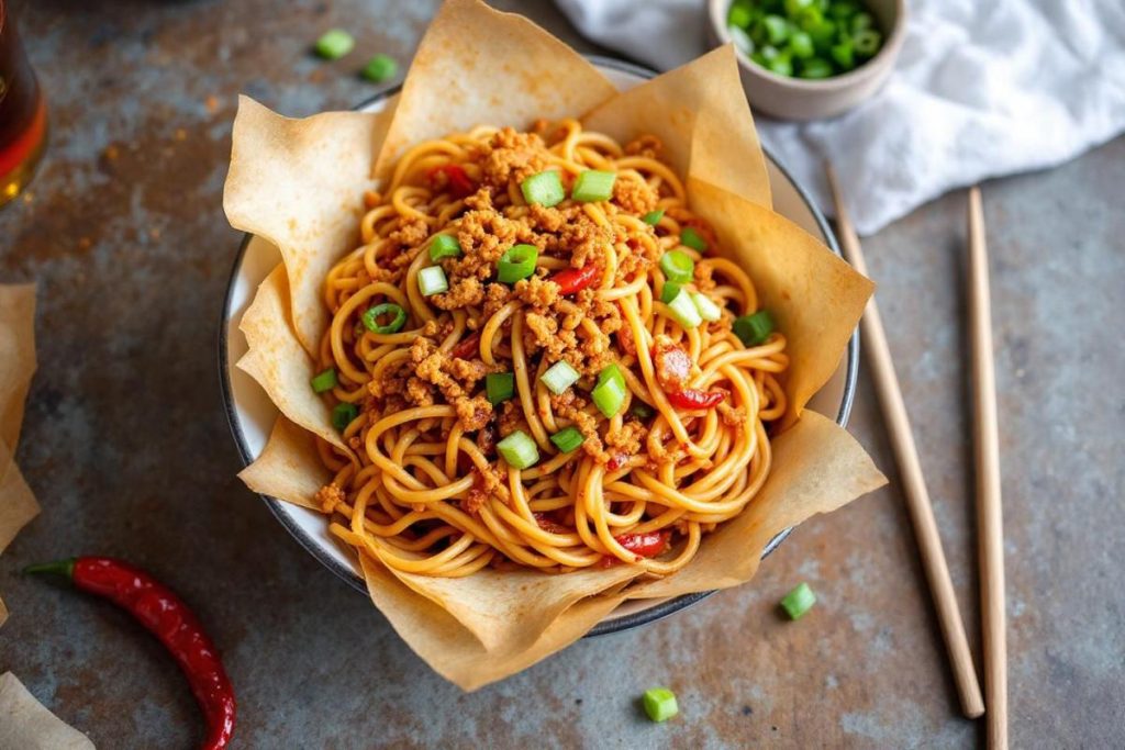Recette de dan dan noodles authentiques : nouilles chicharrones épicées faciles à préparer