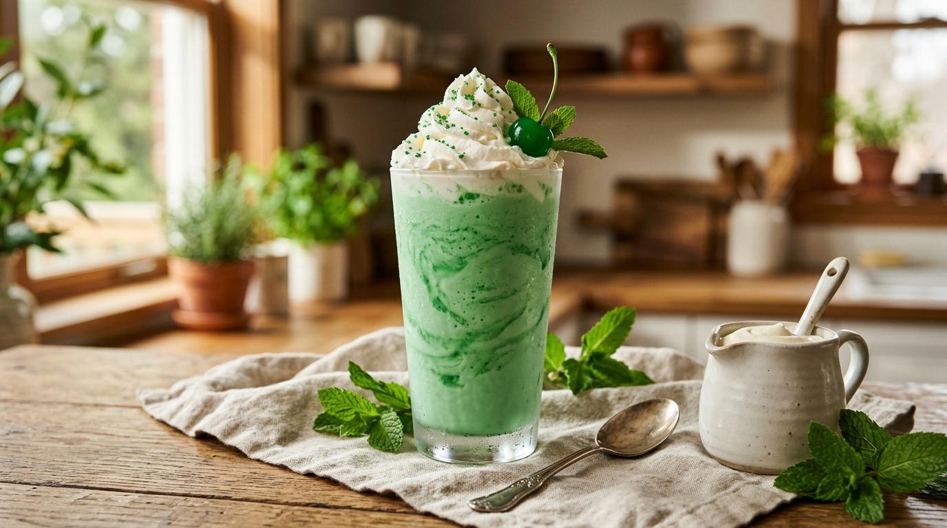 Verre de boisson verte menthe avec crème fouettée et cerise