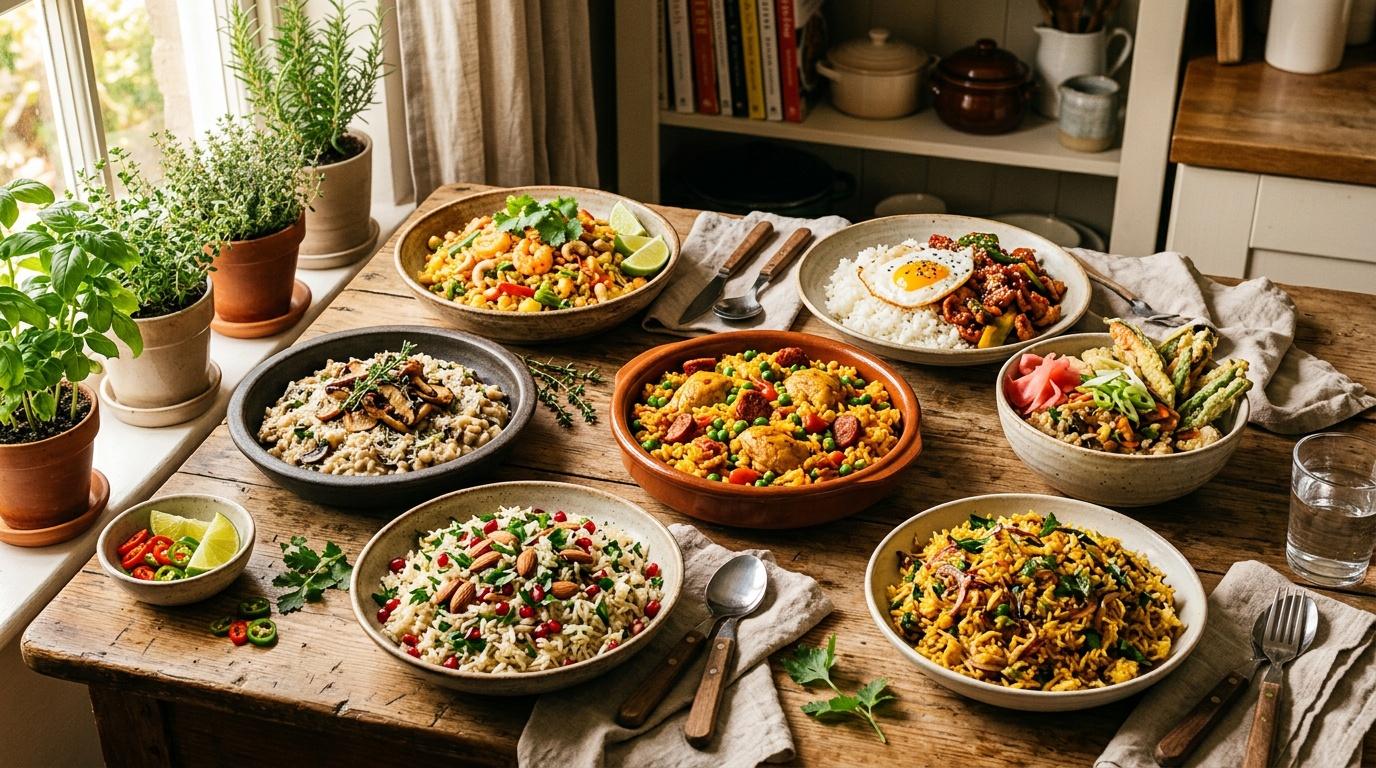 Table avec plusieurs plats colorés et herbes aromatiques en pots