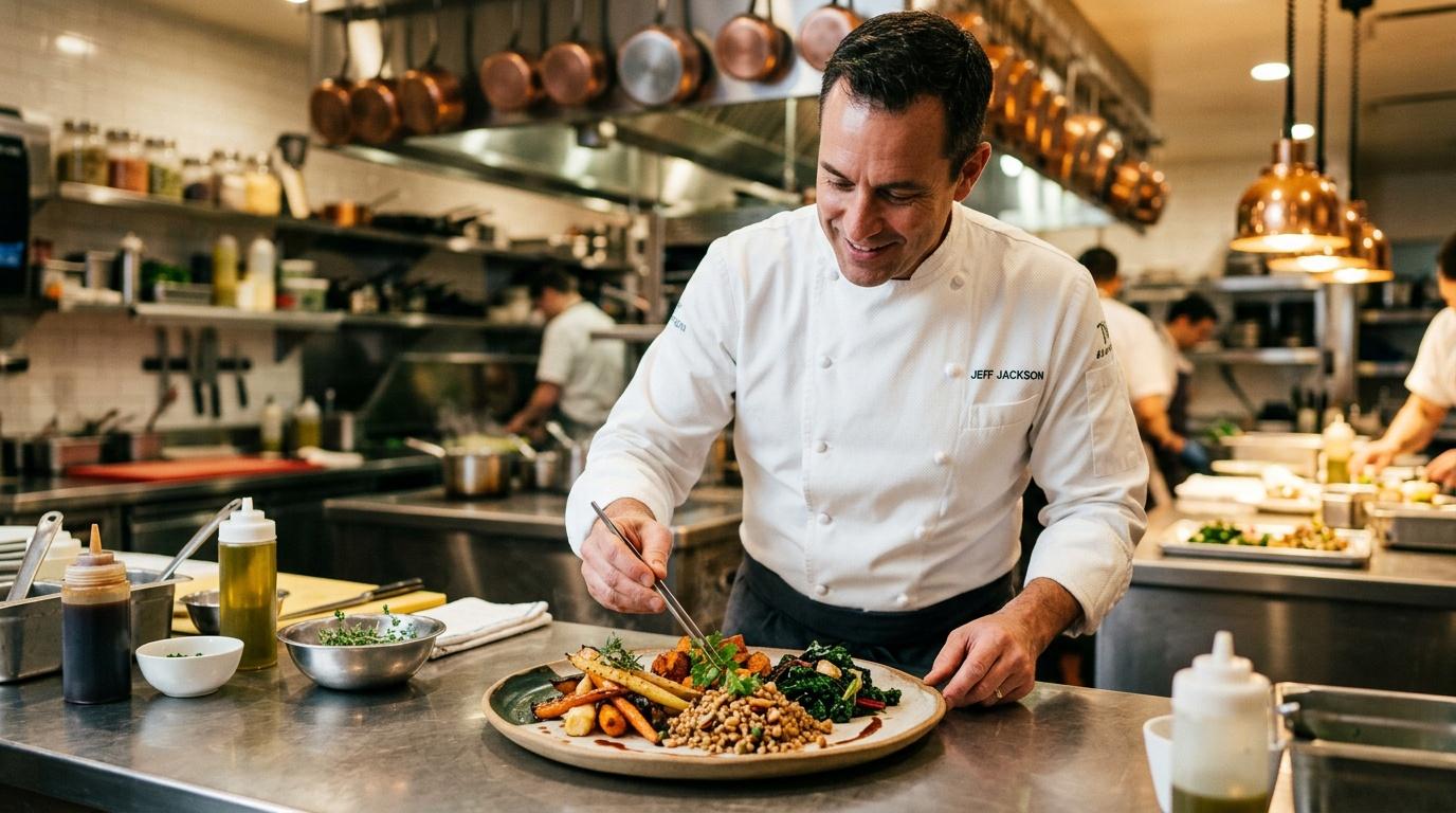 Chef en cuisine dresse un plat avec légumes et céréales