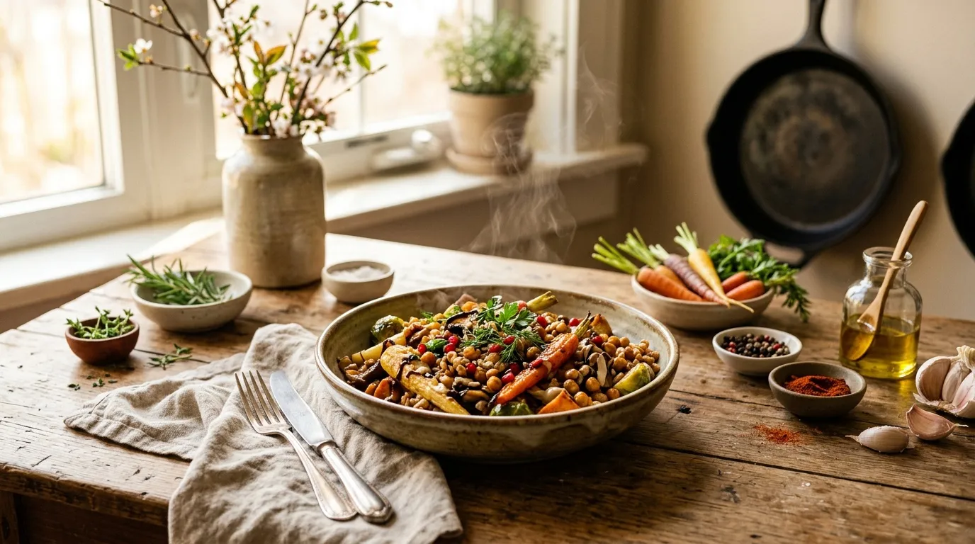 Plat de légumes et pois chiches sur table de cuisine ensoleillée