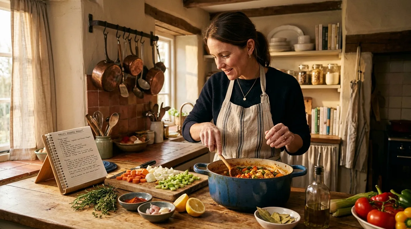 Femme en tablier prépare un plat dans une cuisine chaleureuse