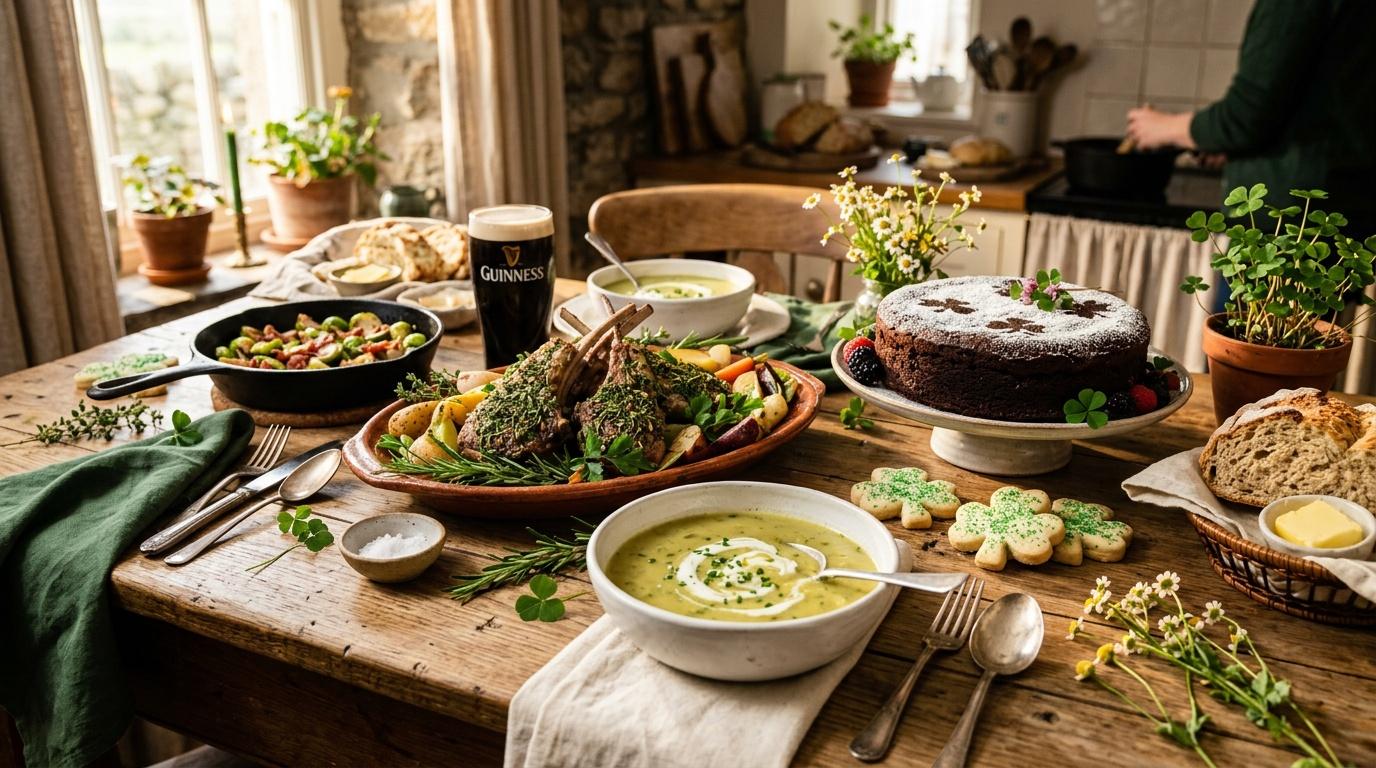 Table de repas avec Guinness, agneau, soupes et desserts irlandais