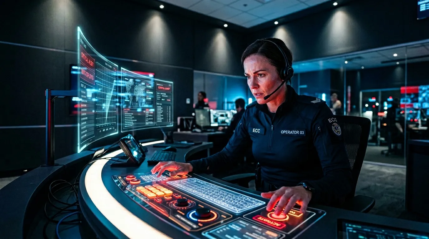 Agent ECC portant casque surveille écrans holographiques futuristes