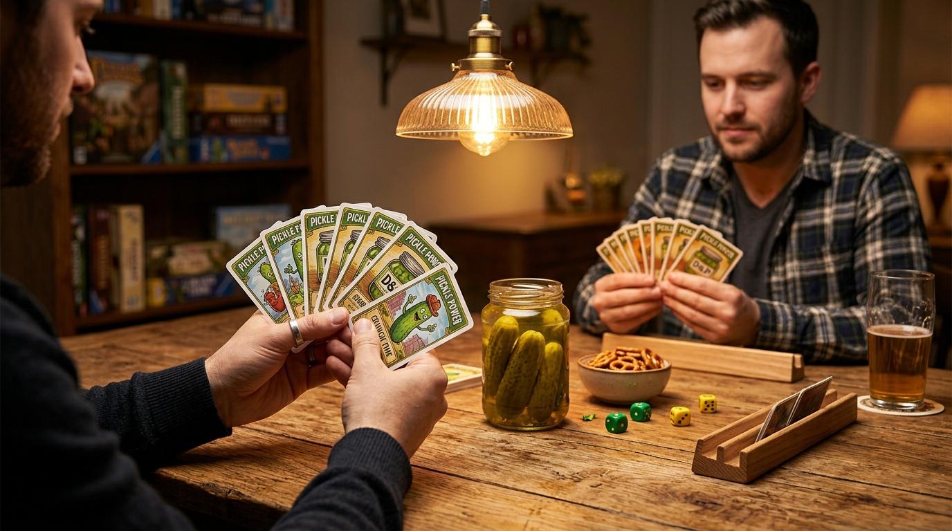 Deux hommes jouent aux cartes autour d'une table en bois