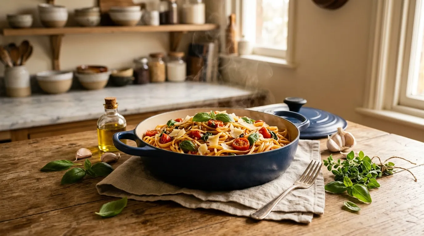 Plat de pâtes colorées dans une cocotte bleue sur table en bois