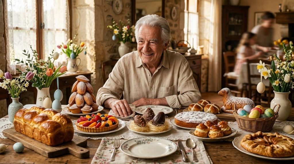Homme âgé souriant entouré de pâtisseries et fleurs printanières