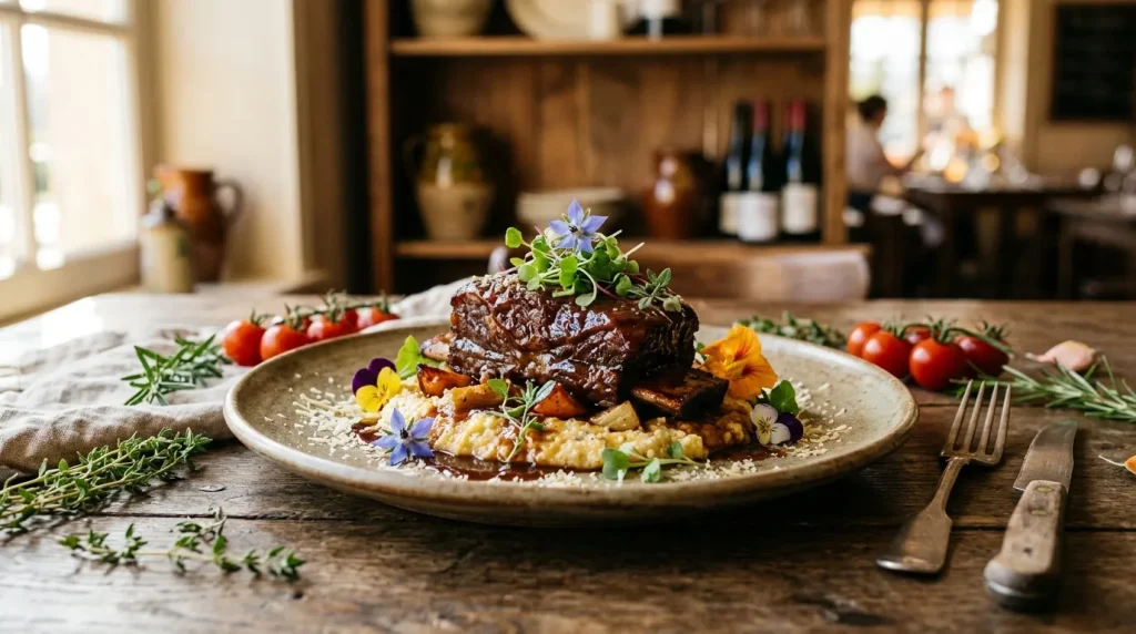 Assiette de viande braisée avec fleurs comestibles décoratives