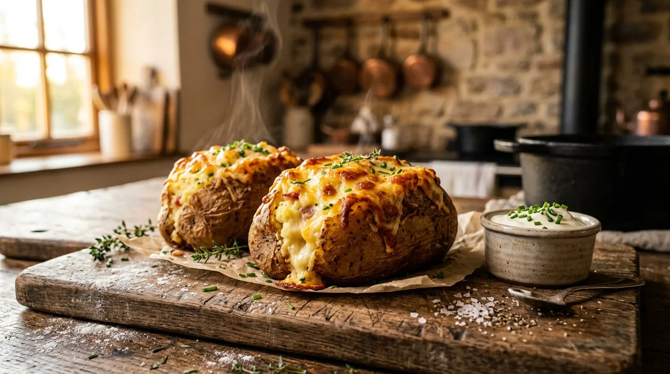 Deux pommes de terre cuites garnies de fromage fondu et herbes fraîches