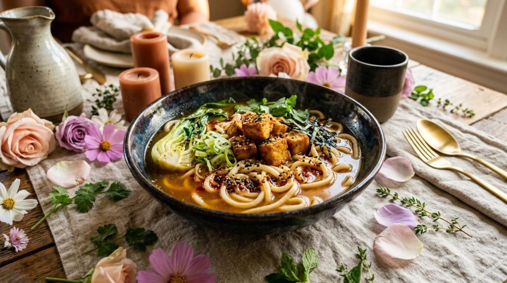 Bol de ramen garni de tofu et légumes verts sur table décorée