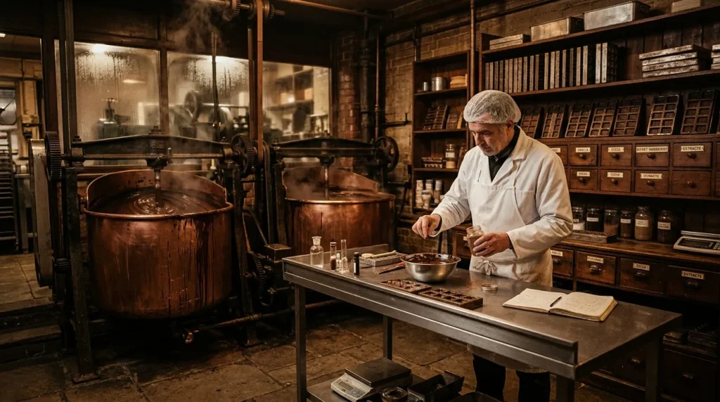 Homme en blouse blanche travaillant dans un laboratoire vintage avec cuves