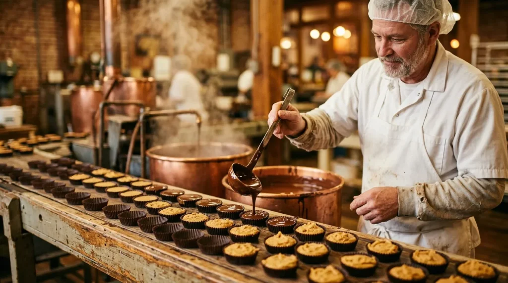 Pâtissier verse du chocolat fondu sur des cupcakes alignés