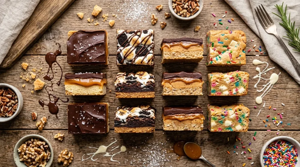 Plateau de brownies variés, noix et décoration sucrée