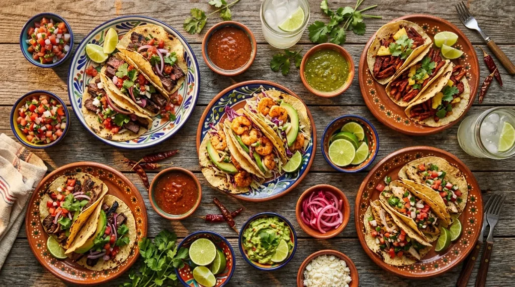 Tacos variés avec viandes, sauces et garnitures sur table rustique