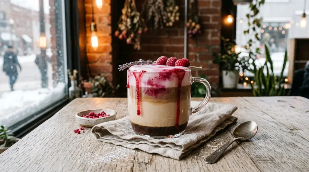 Verre de café avec sirop de framboise et raspberries fraîches