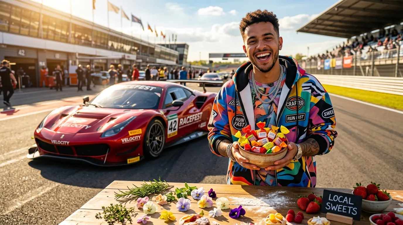 Homme souriant avec friandises devant voiture de course rouge