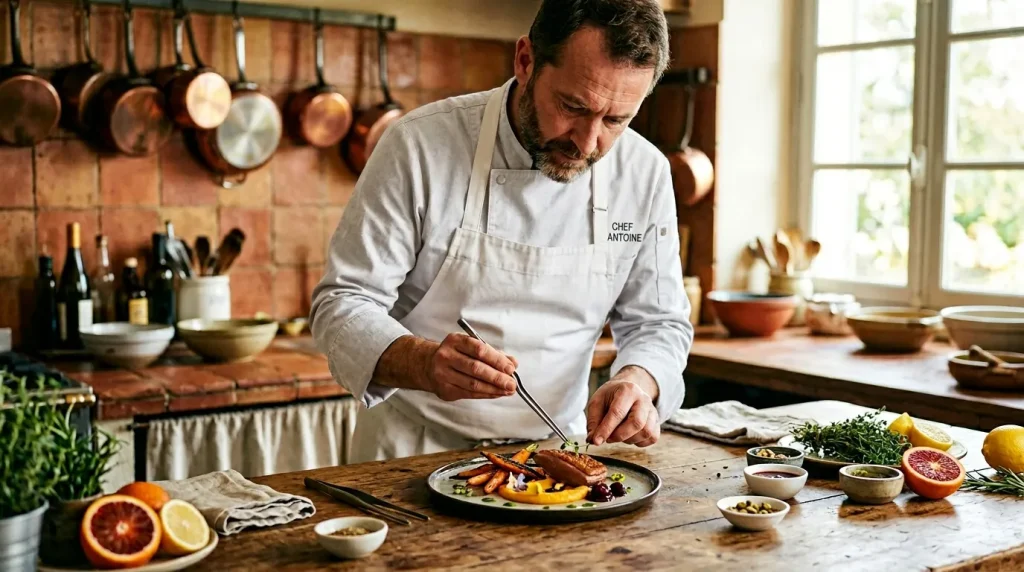 Chef Antoine cuisine un plat élégant dans sa cuisine professionnelle.