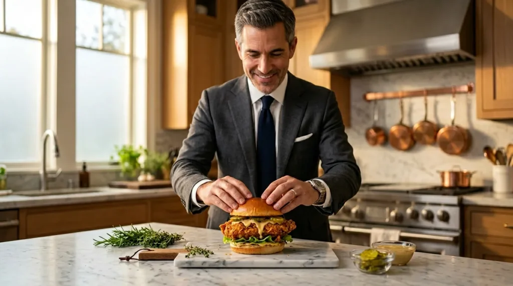 Homme en costume prépare un sandwich dans une cuisine moderne
