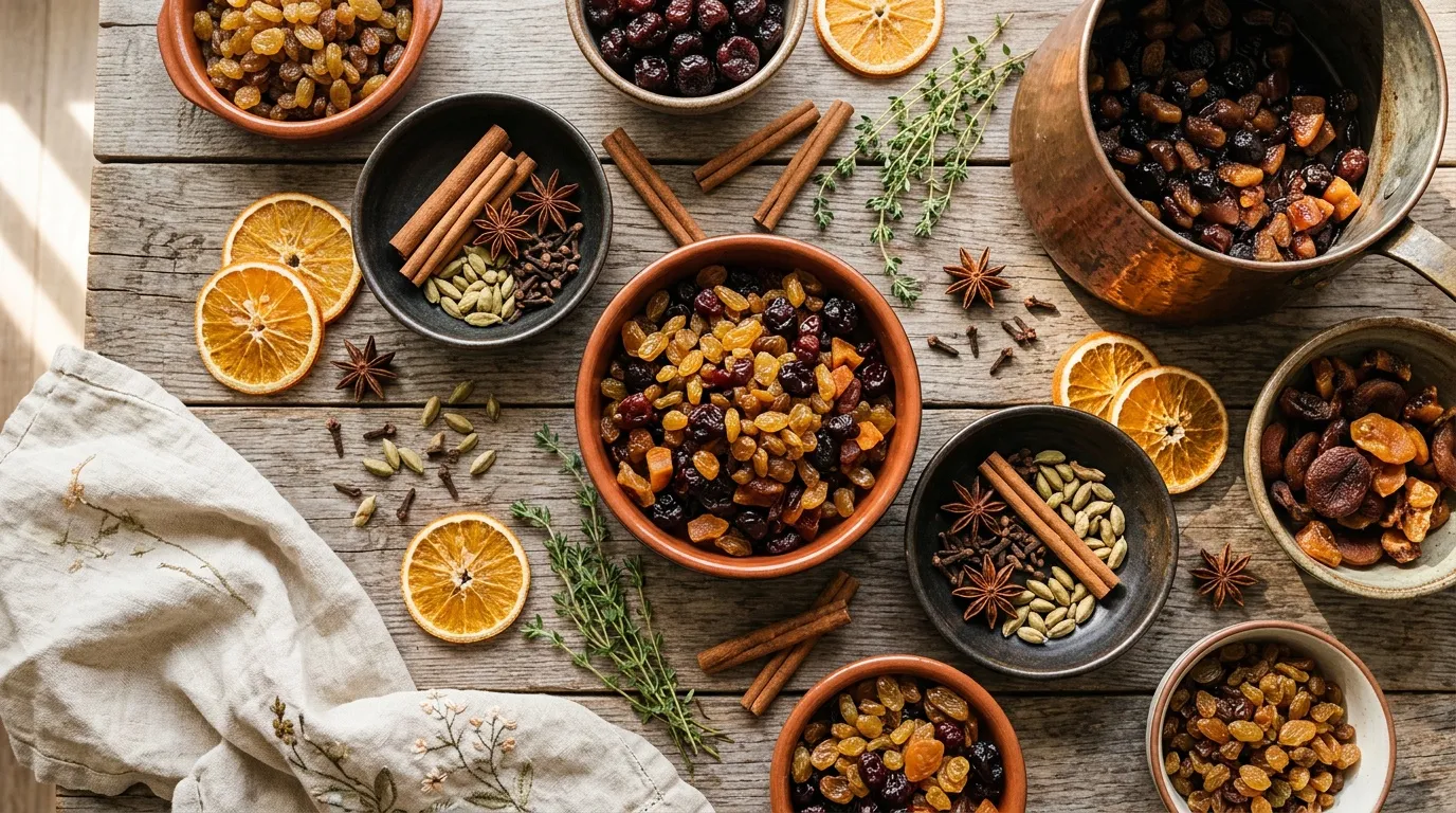 Bols de fruits secs, épices, orange et herbes aromatiques sur bois
