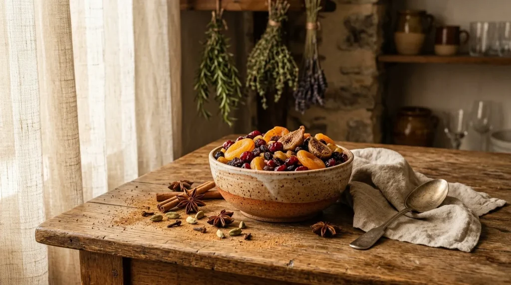 Bol de fruits secs et noix sur table rustique en bois