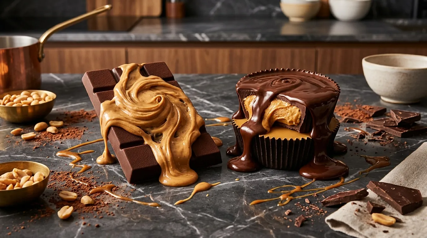 Desserts au chocolat et beurre de cacahuète sur marbre noir