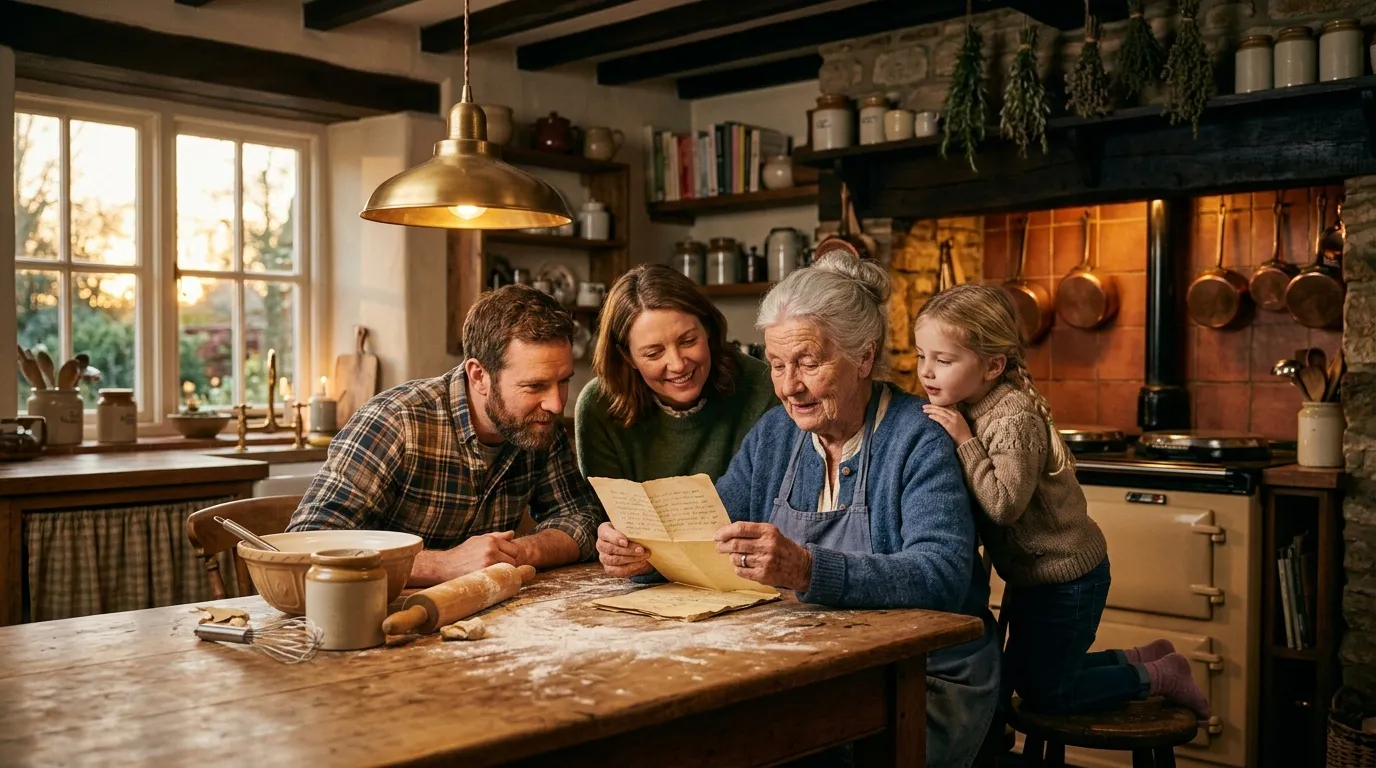 Famille heureuse consulte recette en cuisinant ensemble