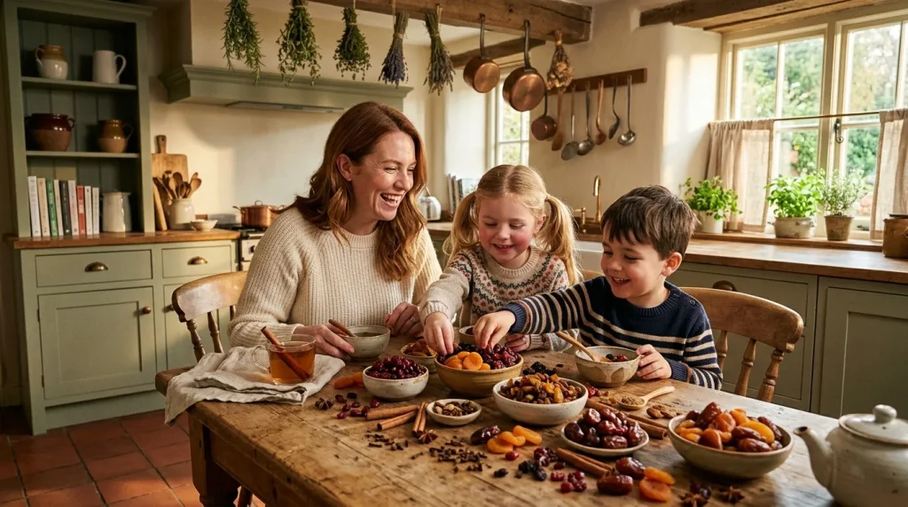 Mère et deux enfants préparent fruits secs ensemble à table.