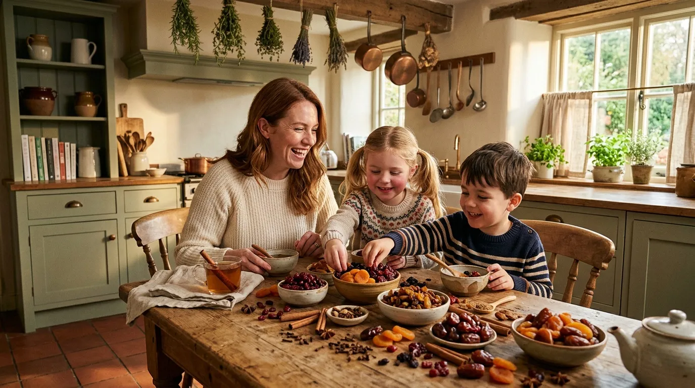 Mère et deux enfants préparent fruits secs ensemble à table.
