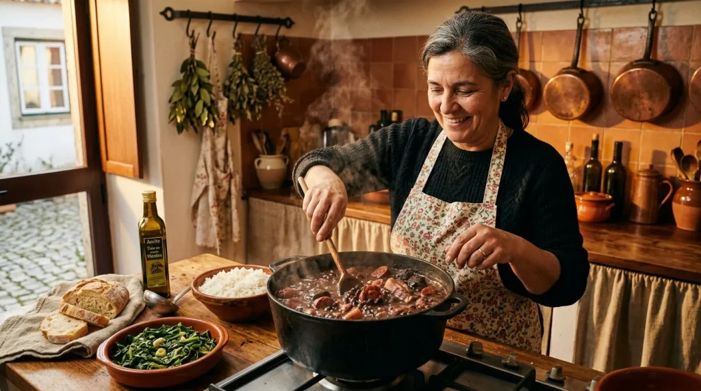 Femme souriante cuisinant un ragoût dans une cuisine rustique