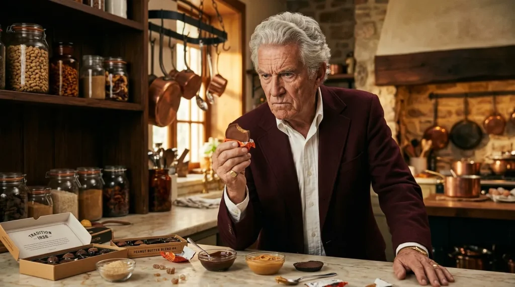 Homme élégant goûtant du chocolat en cuisine artisanale