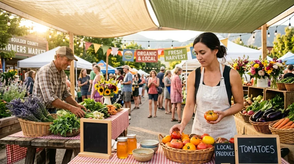 Vendeurs de produits frais biologiques au marché fermier