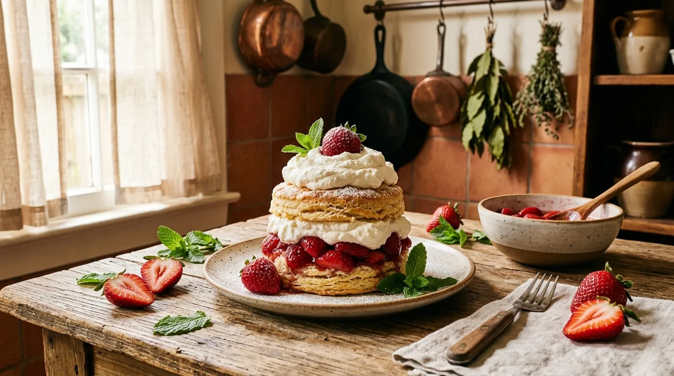 Dessert feuilleté aux fraises et crème dans cuisine rustique