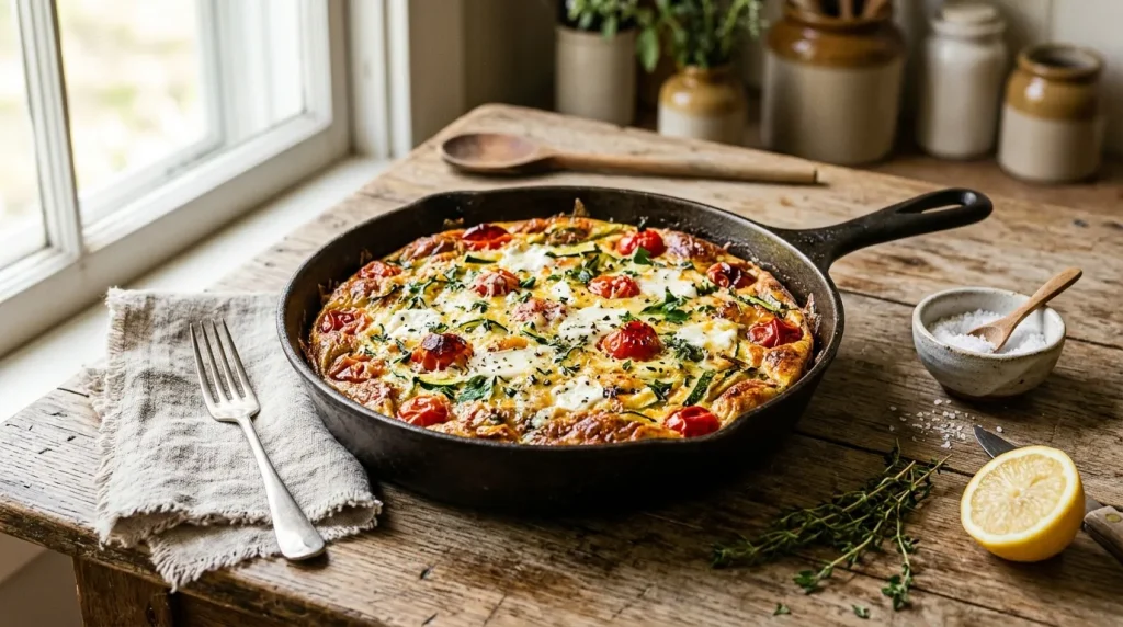 Omelette garnie de tomates et herbes fraîches en poêle