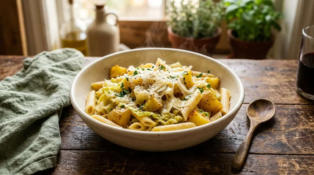 Bol de pâtes rigatoni avec pommes de terre et parmesan râpé