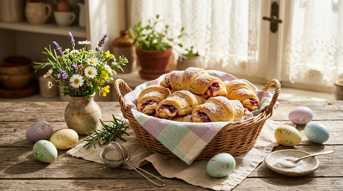 Panier de croissants aux fruits rouges, fleurs et œufs peints