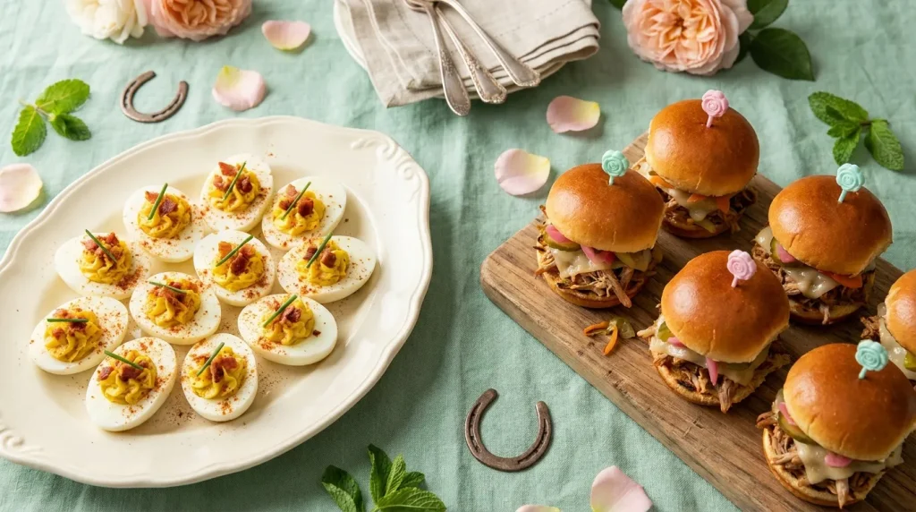 Oeufs mimosa et sandwichs miniatures décorés fleurs