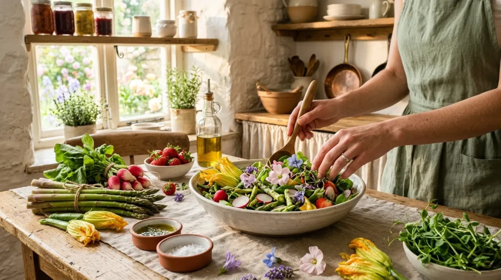 Femme préparant une salade avec fleurs comestibles et légumes frais