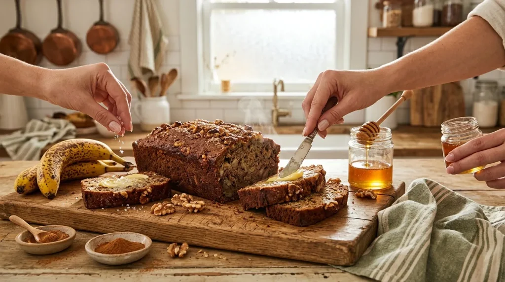 Mains coupant un gâteau aux noix avec miel en cuisine