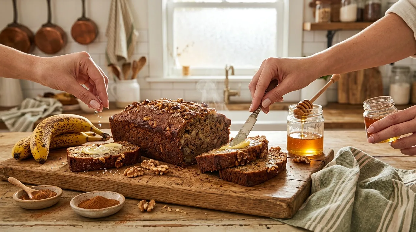 Mains coupant un gâteau aux noix avec miel en cuisine