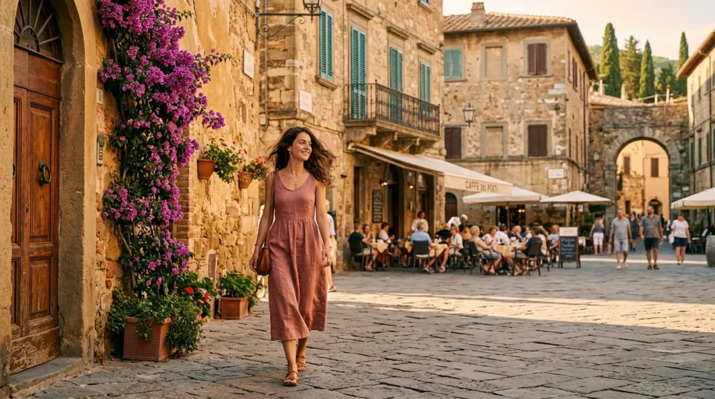 Femme marchant dans une rue pavée d'un village toscan ancien