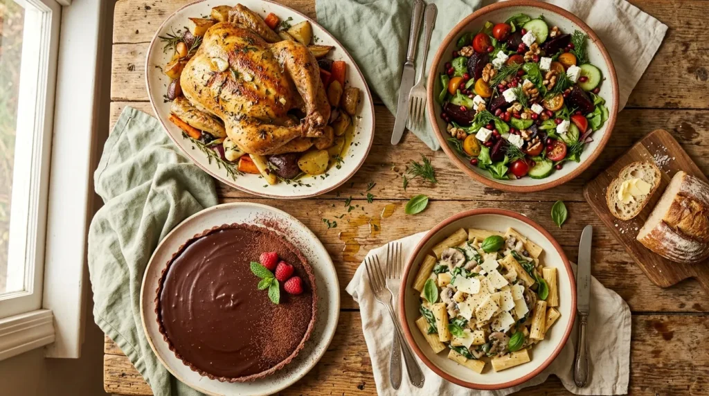 Poulet rôti, salades, pâtes et dessert au chocolat