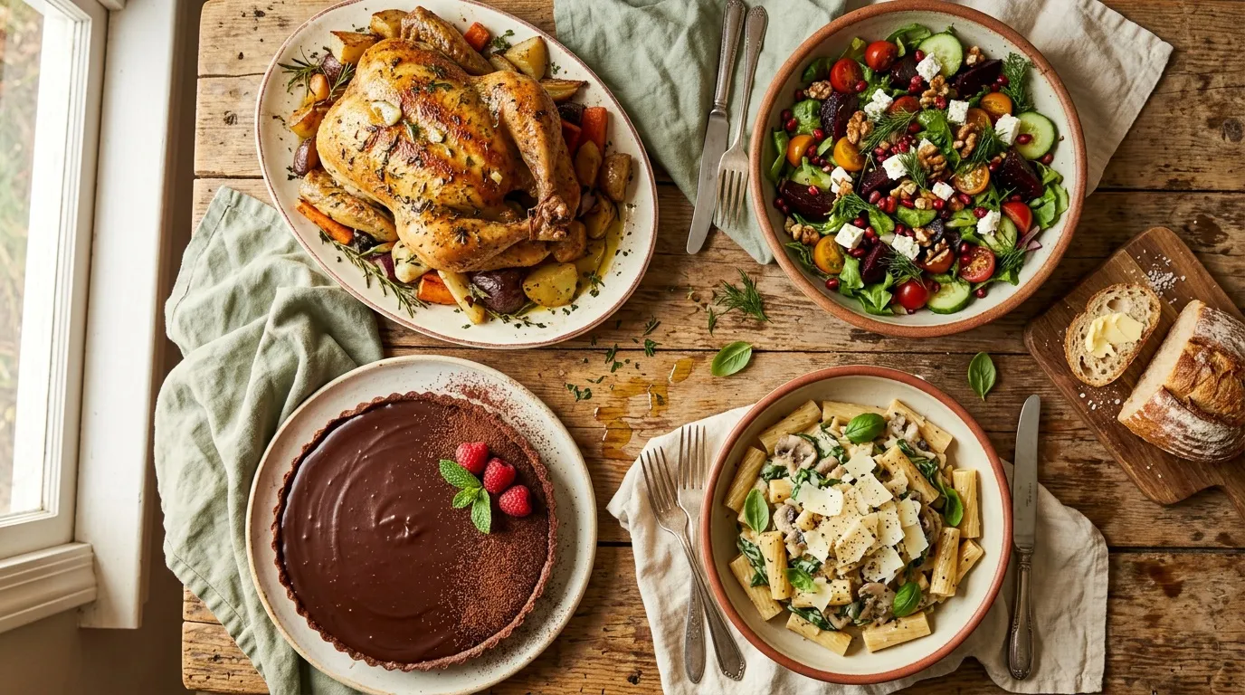 Poulet rôti, salades, pâtes et dessert au chocolat