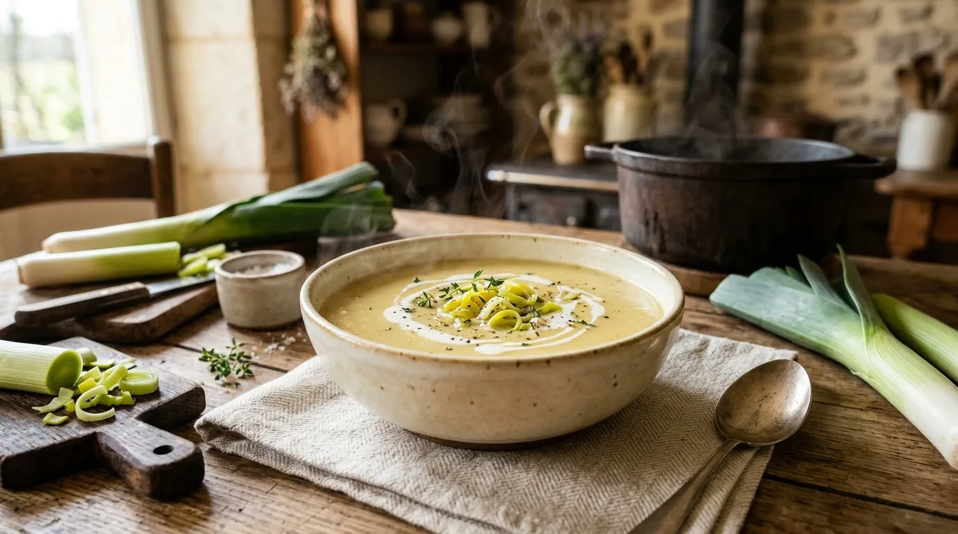 Bol de soupe crémeuse aux poireaux frais, cuisine rustique