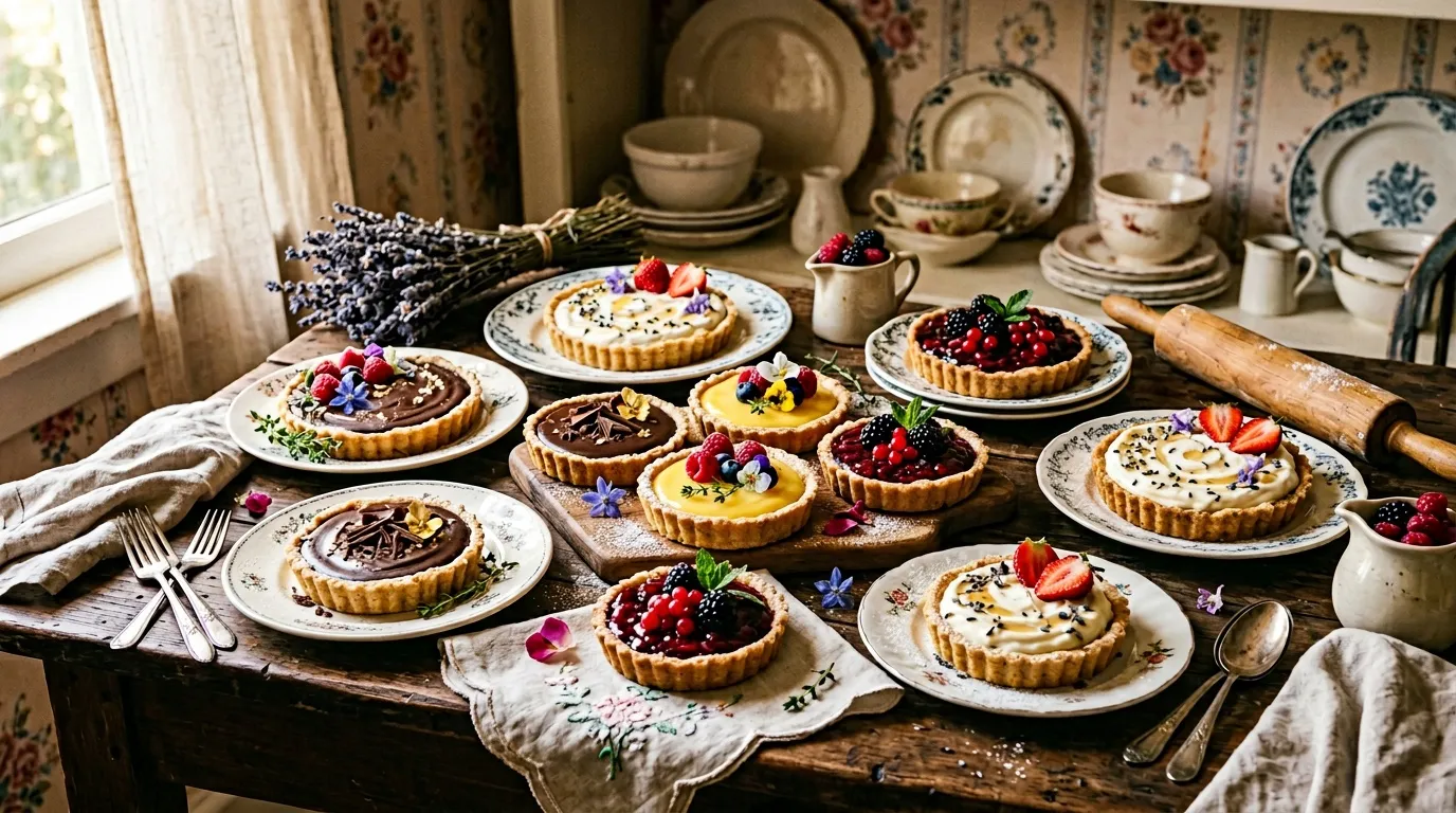 Table rustique avec tartes aux fruits décorées et vaisselle ancienne