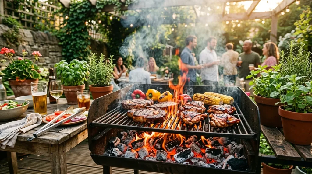 Grillades sur barbecue avec famille réunie au jardin ensoleillé