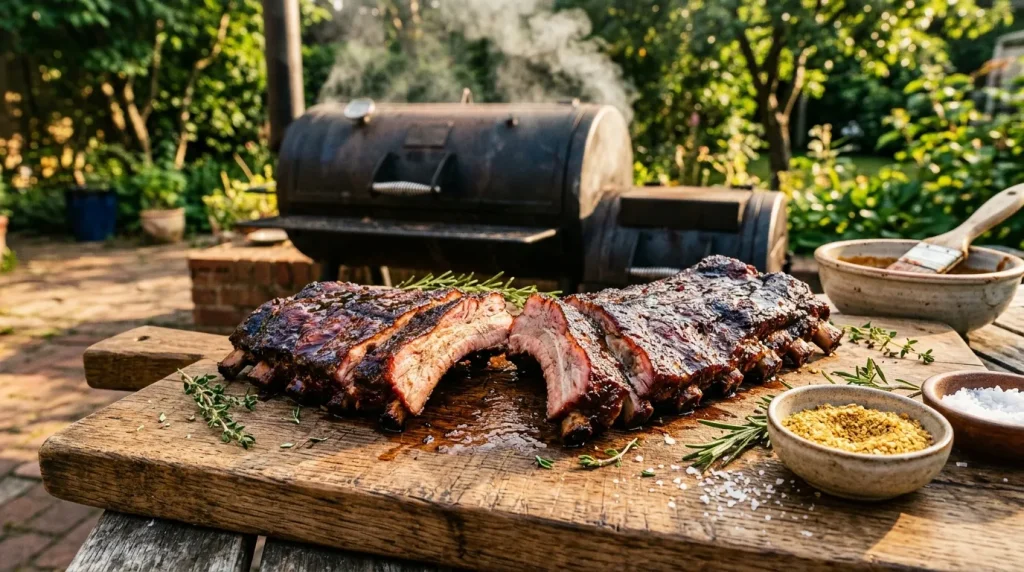 Viande grillée sur planche de bois, fumoir en arrière-plan
