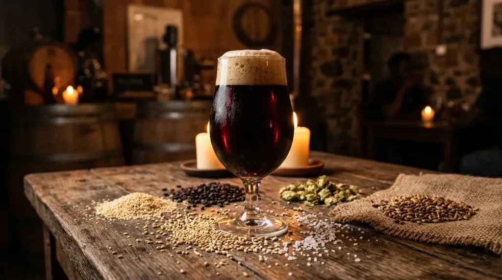 Verre de bière brune avec mousse, ingrédients de brassage sur table