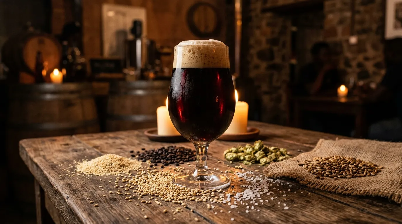 Verre de bière brune avec mousse, ingrédients de brassage sur table