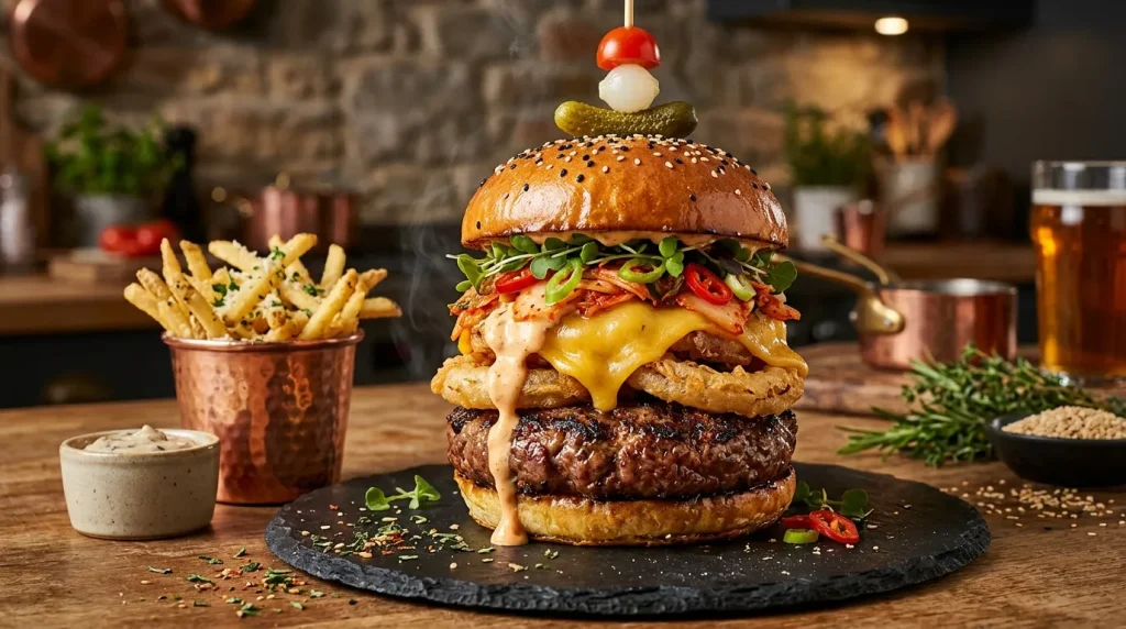 Burger double étage fromage fondu, frites, sauce, décoration gourmande